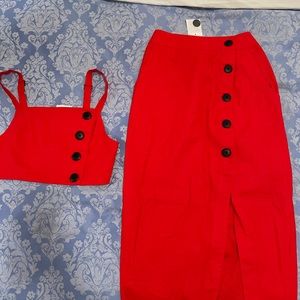 Red linen cropped top and midi skirt set.